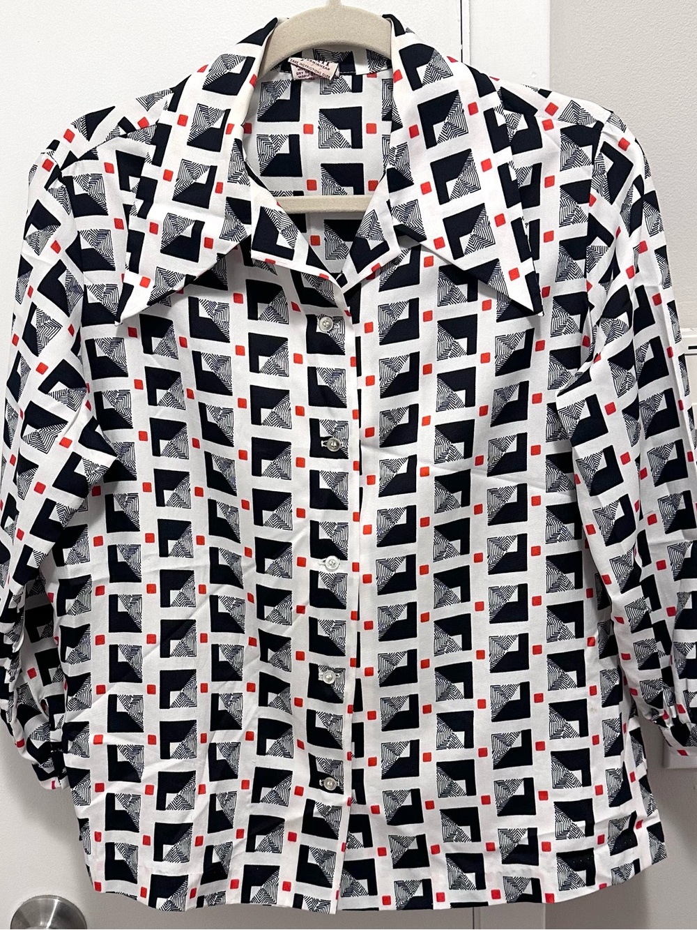 Vintage Graff Collared Button Down Shirt Women L Geometric Print Top Black White